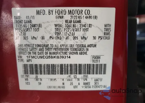 2011 Ford Escape Limited из США, поврежденный, VIN 1FMCU9EG5BKB39314